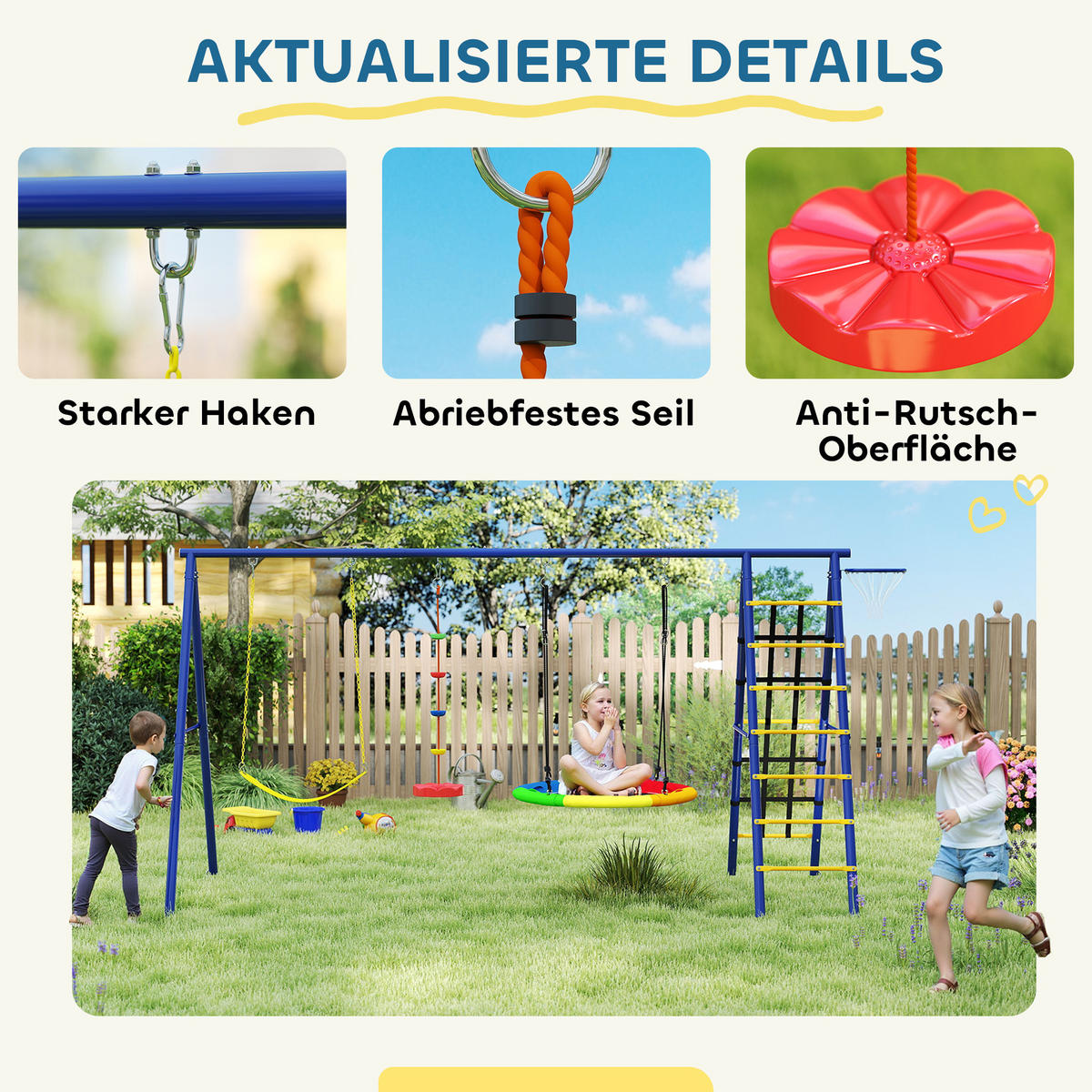 KINDERSCHAUKEL-SET 6 in 1 Schaukelgerüst aus Stahl mit Gurtschaukel Nestschaukel - Multicolor, Metall (183/350cm) - AIYAPLAY