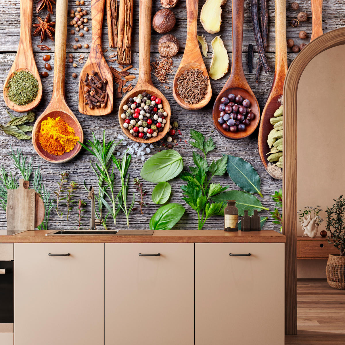 FOTOTAPETE für Küche Kräuter Gewürze Holzlöffel Tisch 200x140 - Gelb/Beige, Papier (200/140cm) - Muralo