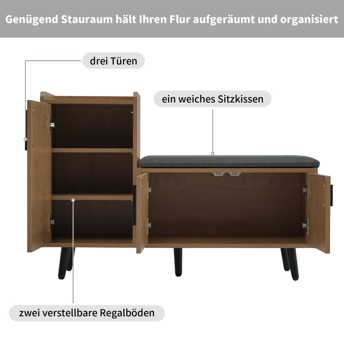 SCHUHBANK 100 cm Natur mit Stauraum, 3 Türen und gepolstertem Sitz für Flur - Naturfarben, Holzwerkstoff (100/68.5/34cm) - Urban Meuble