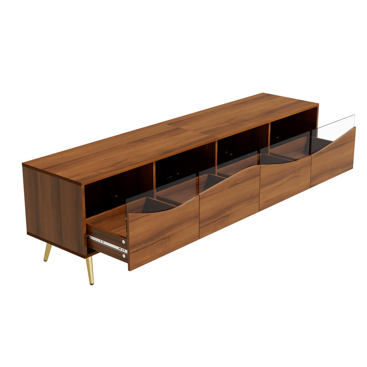TV-SCHRANK 180 cm Mit LED-Beleuchtung, Glasfront, goldenen Metallfüßen Walnussfarben, Stauraum für Wohnzimmer - Braun, Holzwerkstoff (180/50/40cm) - Urban Meuble