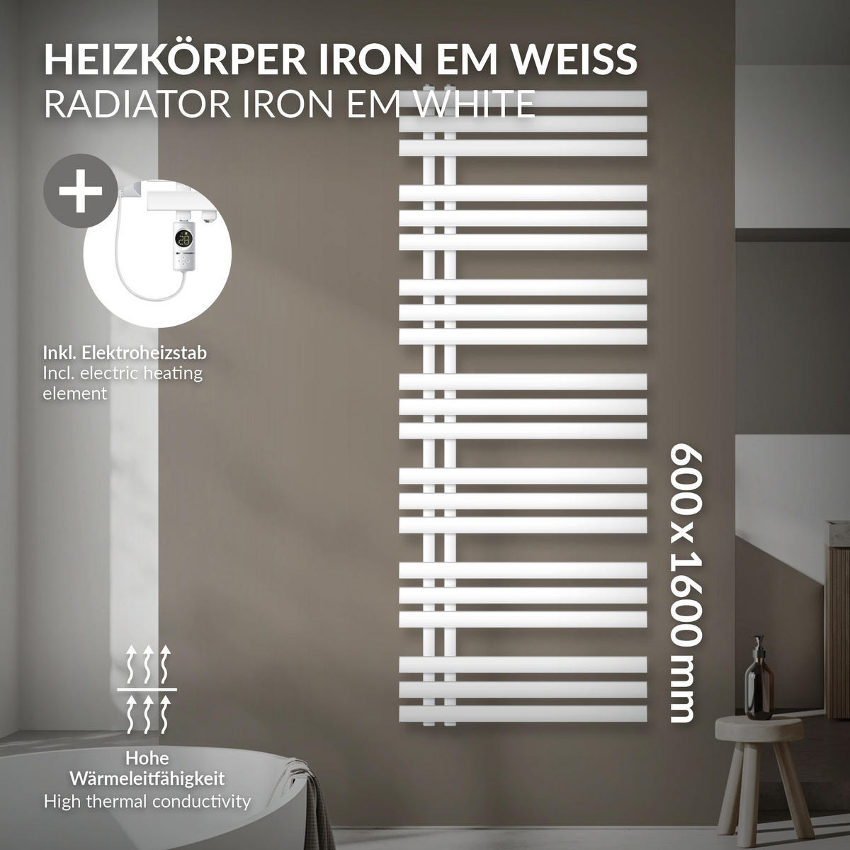 BADHEIZKÖRPER elektrisch IRON EM 600x1600 mm Weiß mit Heizstab 900W Digital - Weiß, Metall (60/160/3cm) - LuxeBath