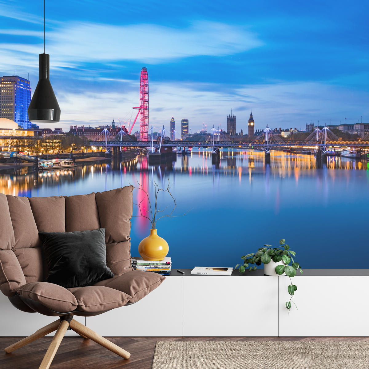 FOTOTAPETE für Wohnzimmer Panorama London Eye Themseufer 300x210 - Blau/Rot, Papier (300/210cm) - Muralo