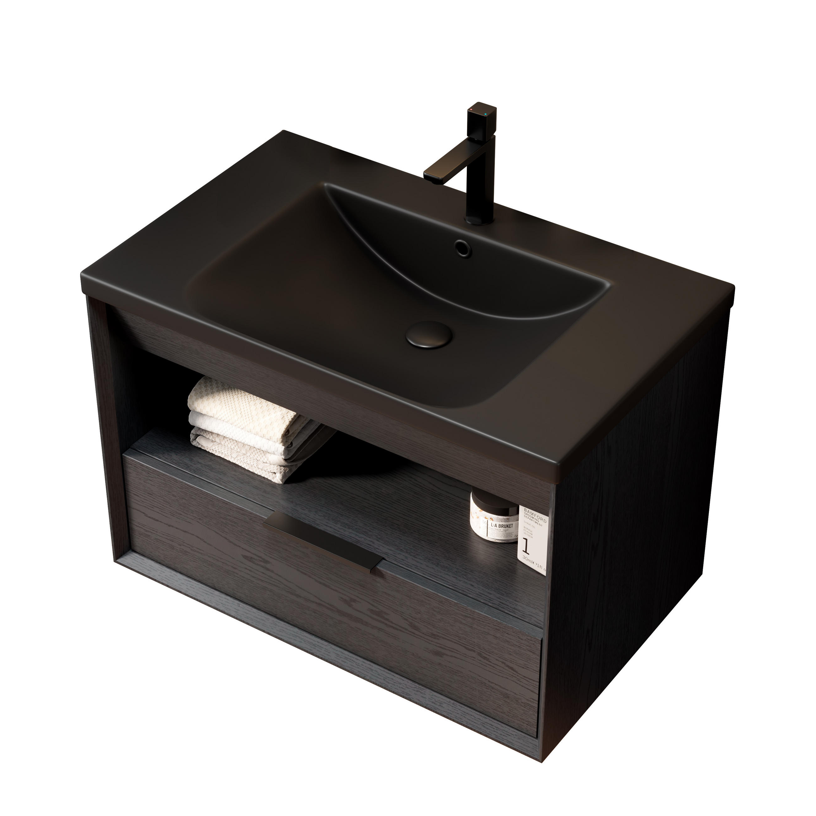 BADEZIMMERSCHRANK 74.5x46.5x51.5 cm Schwarz & Dunkle Eiche aus Keramik & Sperrholz - Schwarz, Keramik (74.5/51.5/46.5cm) - Modfu