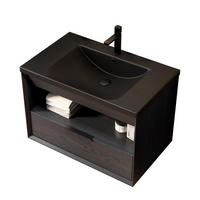 BADEZIMMERSCHRANK 74.5x46.5x51.5 cm Schwarz & Dunkle Eiche aus Keramik & Sperrholz - Schwarz, Keramik (74.5/51.5/46.5cm) - Modfu