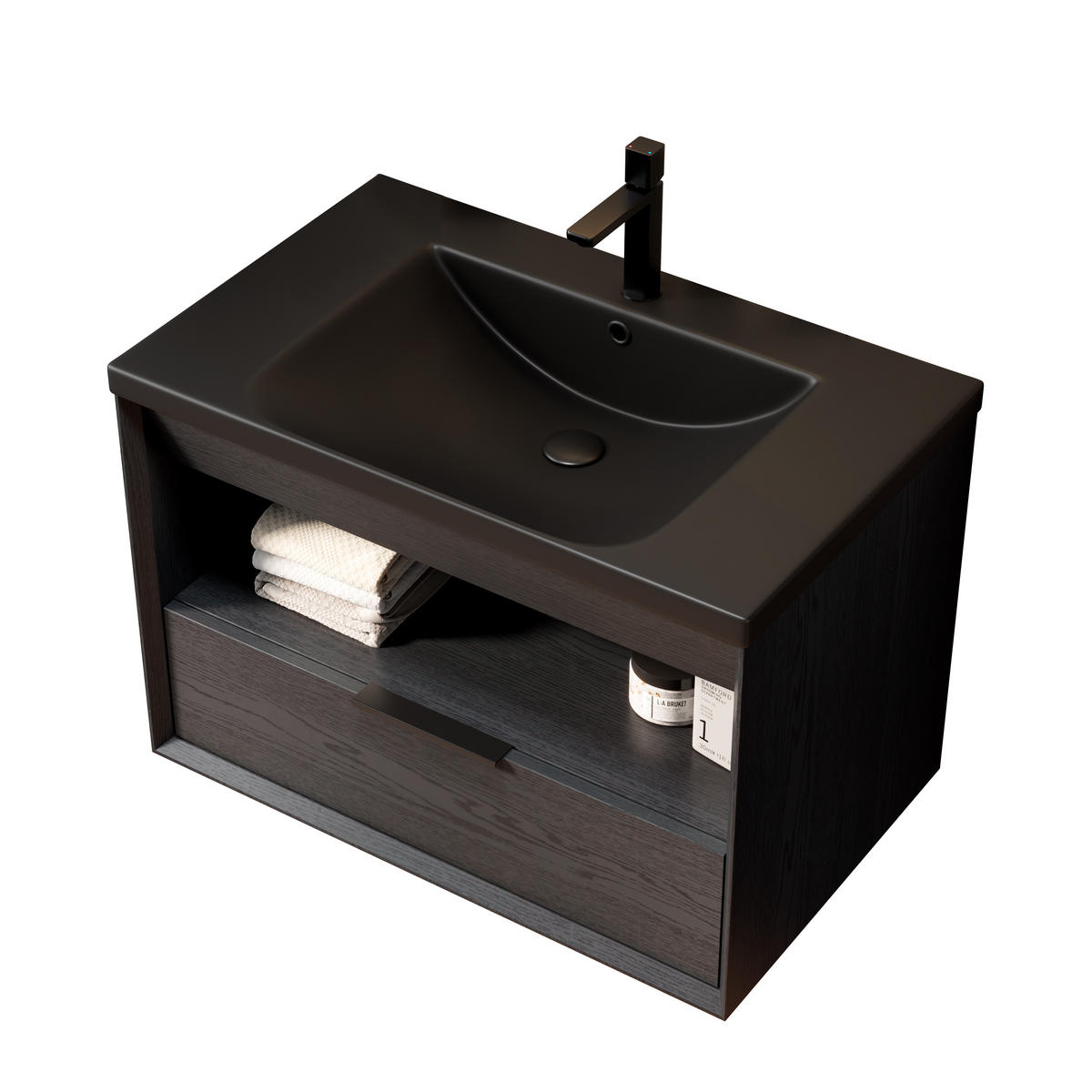 BADEZIMMERSCHRANK 74.5x46.5x51.5 cm Schwarz & Dunkle Eiche aus Keramik & Sperrholz - Schwarz, Keramik (74.5/51.5/46.5cm) - Modfu