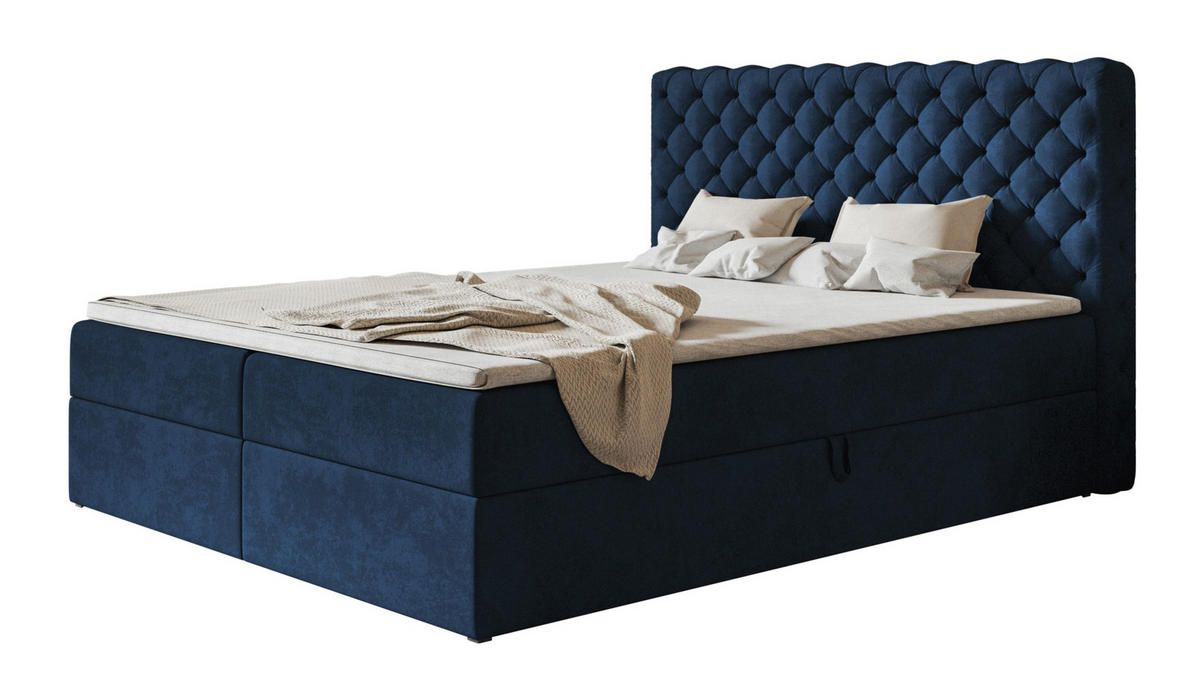 BOXBETT MIAMI mit 2 Bettkästen, 120x200, Farbe: Dunkelblau, Velourstoff, Doppelbett mit Bonell-Matratze - Dunkelblau, Holz/Kunststoff (120/200cm) - Alpi-Möbel