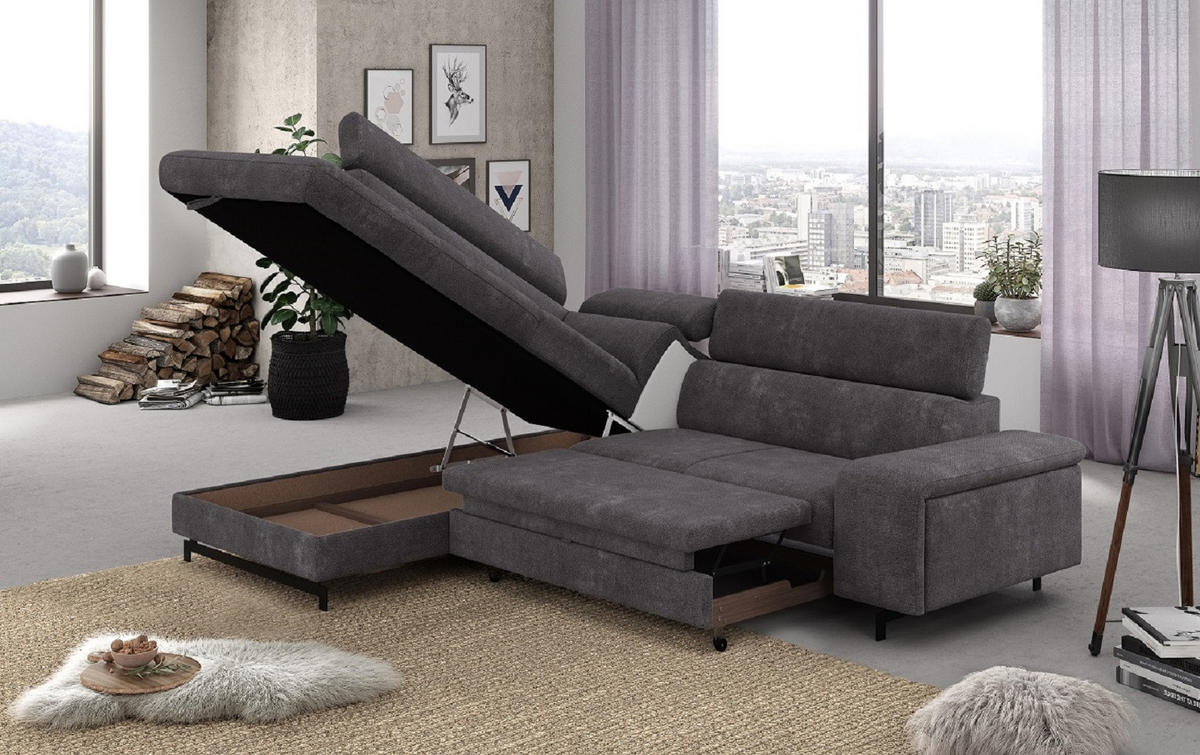 ECKSOFA mit Schlaffunktion und Bettkasten - Schwarz/Graphitfarben, Kunststoff/Textil (262/215cm) - Cotta