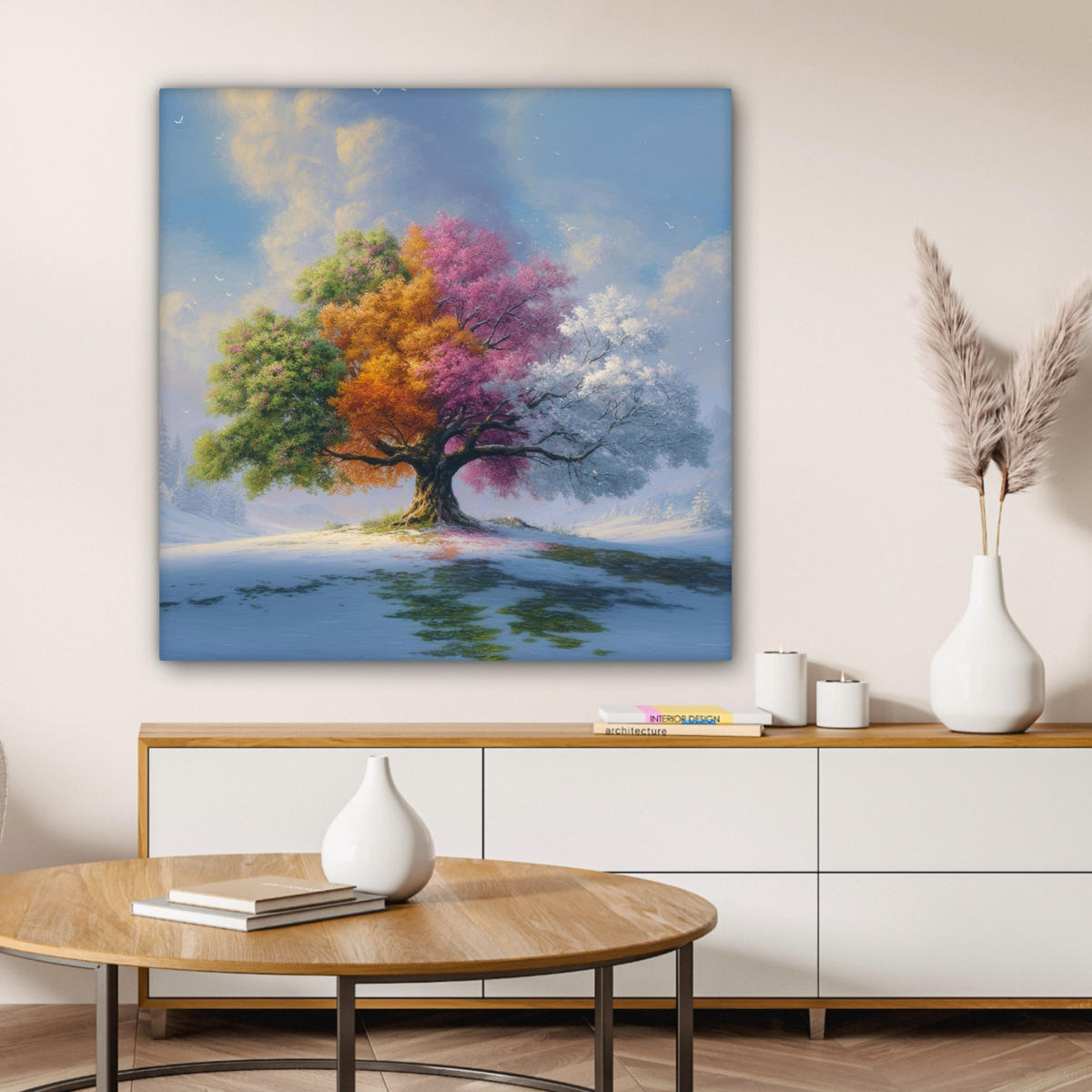 LEINWANDBILD Baum - Jahreszeiten - Winter - Landschaft Deko Groß 90x90 cm - Multicolor, Textil (90/90cm) - MuchoWow