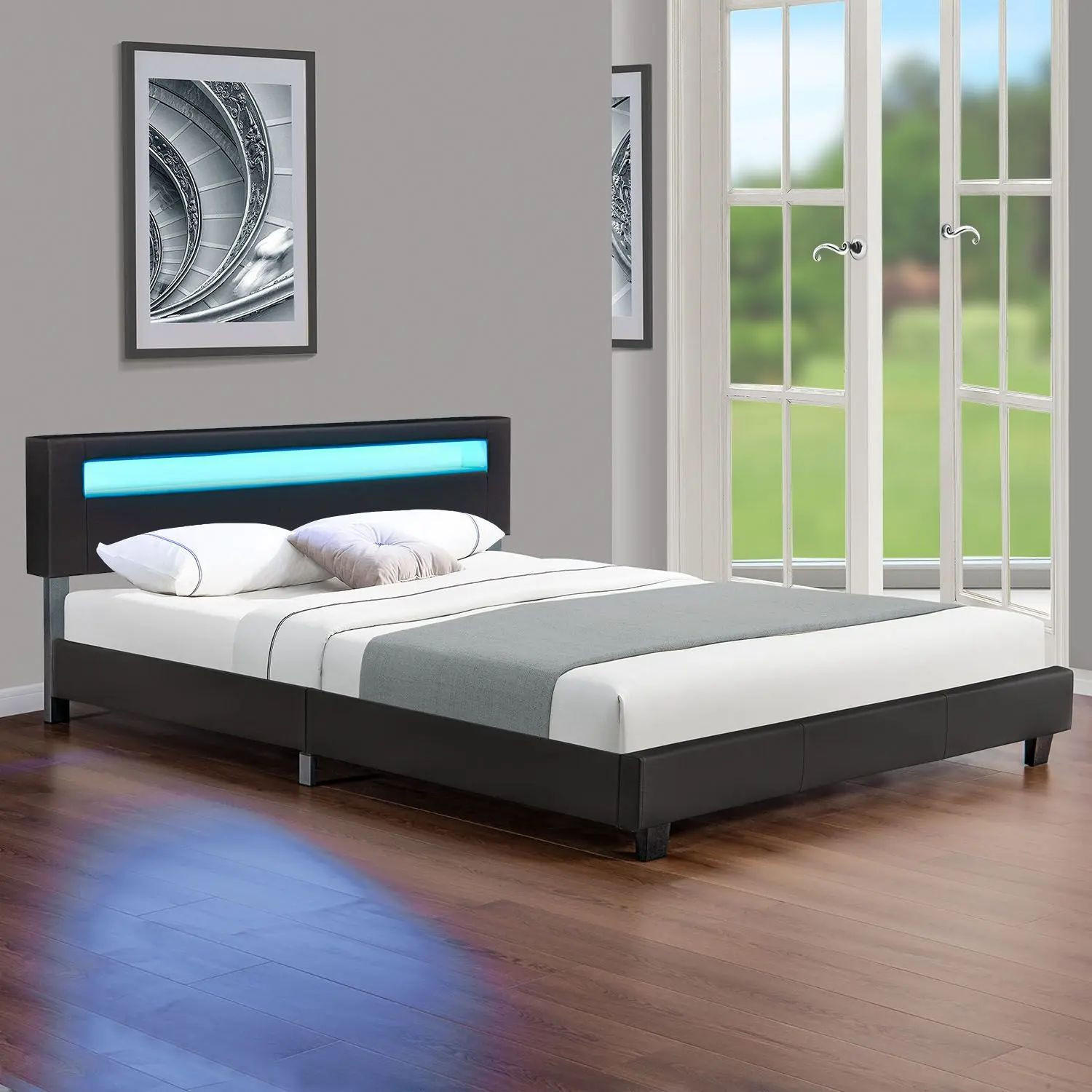 POLSTERBETT Paris schwarz 180x200cm mit Matratze und LED (16 Farben) - Schwarz, Textil (180/200cm) - Juskys