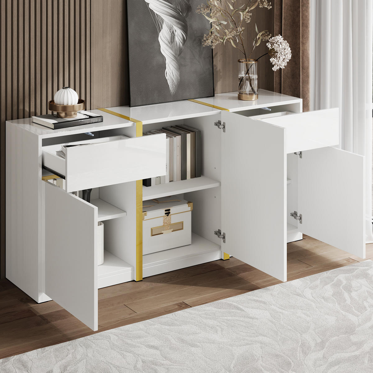 SIDEBOARD Hochglanz 3 Türen 2 Schubladen modern - Weiß, Holz (160/78/40cm) - LEBENLANG