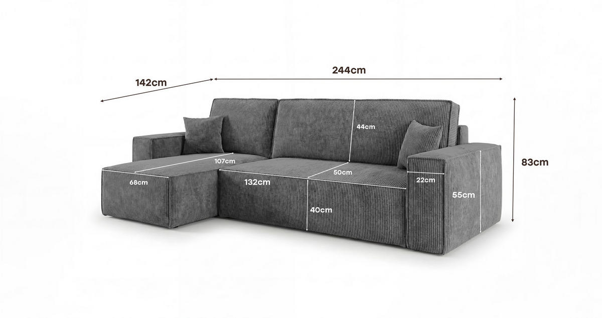 ECKSOFA CALIFORNIA MINI rechts dunkelgrau Cord Poso 60 - Schlaffunktion, Bettkasten - Anthrazit, Textil (245/139cm) - Cornero