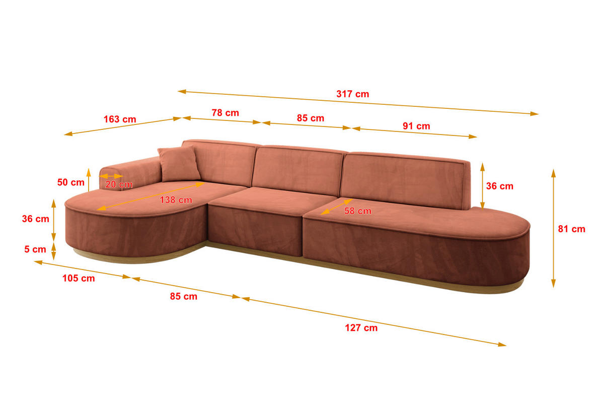 ECKSOFA Ottomane Links MARI-L2-v2 - 328x171x83 cm Koralle Velours - Koralle, Holzwerkstoff/Textil (328/171cm) - ALTDECOR