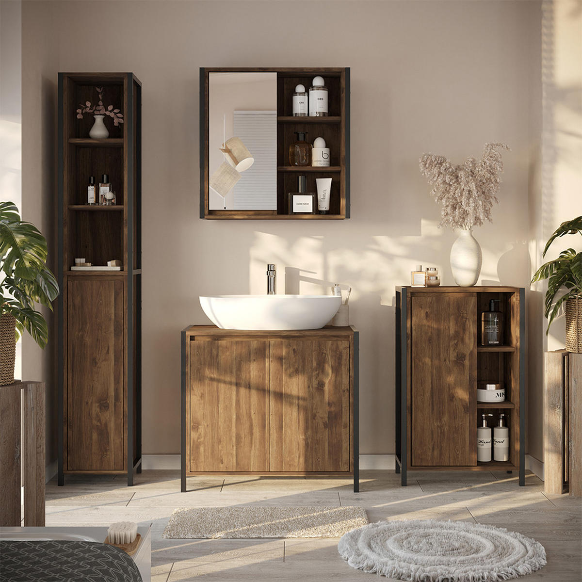 BADMÖBEL-SET Naola Eiche/Schwarz 3 Teile - Eichefarben/Schwarz, Holzwerkstoff (70/65/40cm) - Vicco