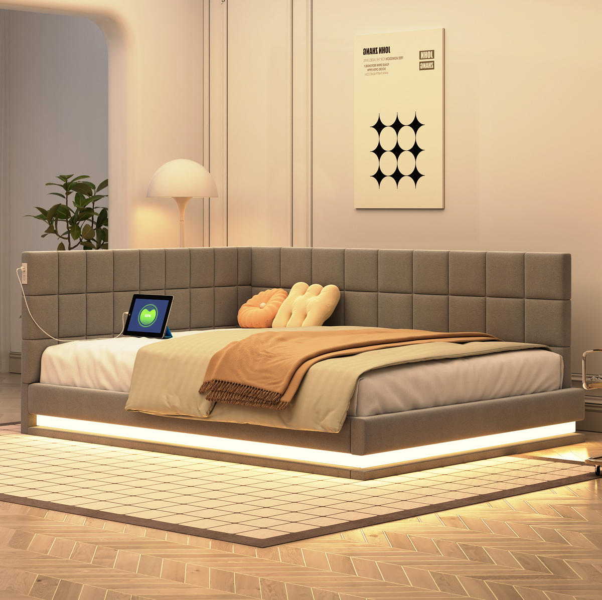 POLSTERBETT 140/200 cm aus Leinen mit LED-Lichtleiste, USB-Steckdose und Lattenrost Grau - Grau, Textil (140/200cm) - Modenvie
