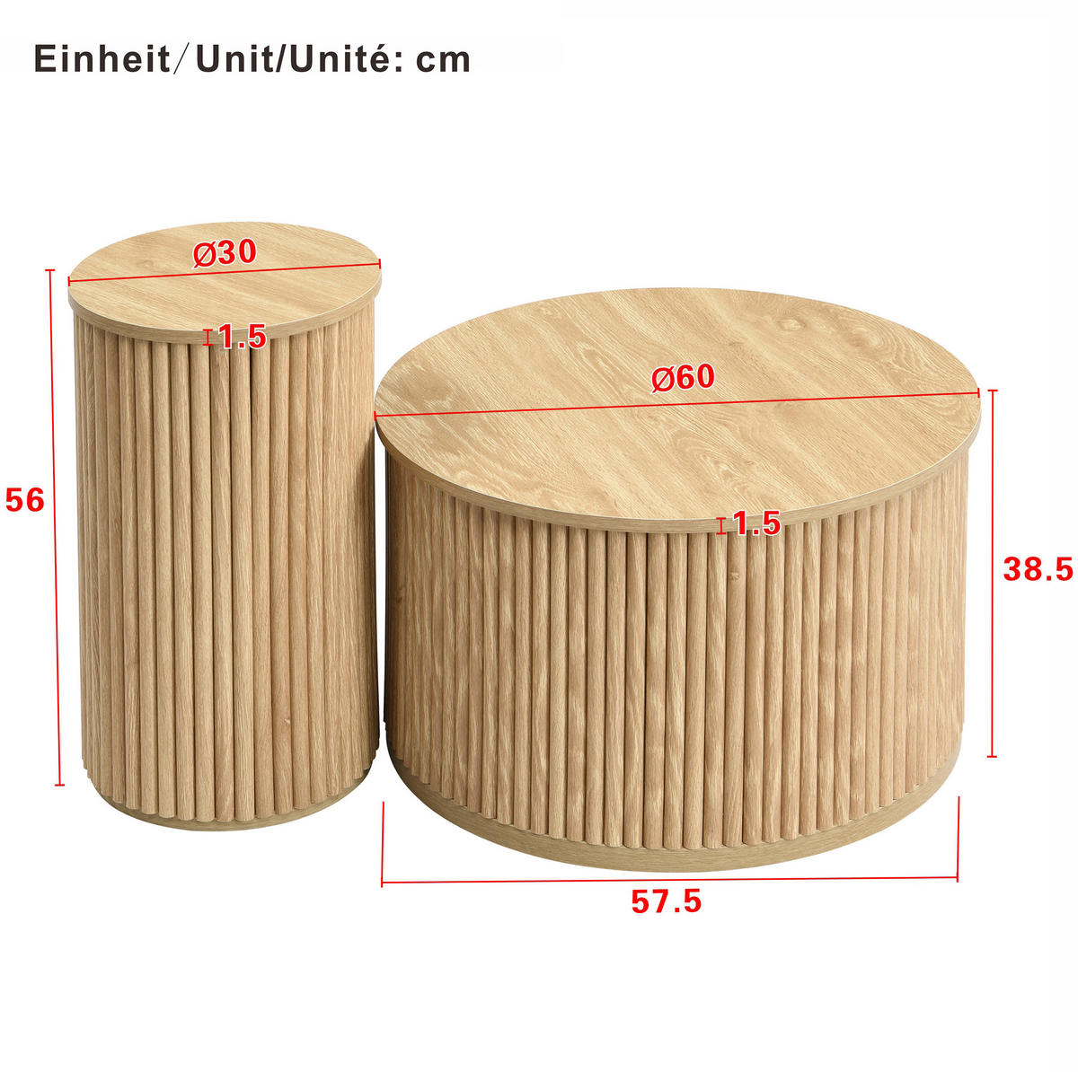 KLUBSKA miza 60/60/38,5 cm in 30/30/56 cm, komplet 2 miz z okroglo obliko in 3D letvastim videzom, Naravna - naravne barve, leseni material (60/60/38.5cm) - Redom