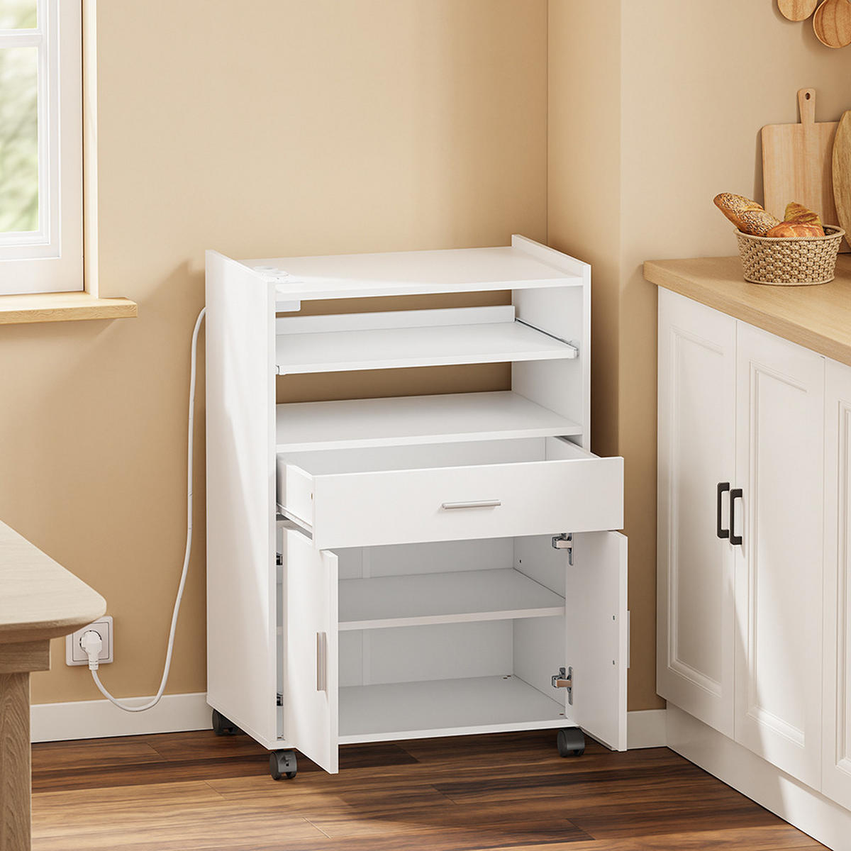 MIKROWELLENSCHRANK mit 4-in-1-Ladestation 61,5×40×92 cm - Ahornfarben, Fell (61/92/40cm) - SoBuy