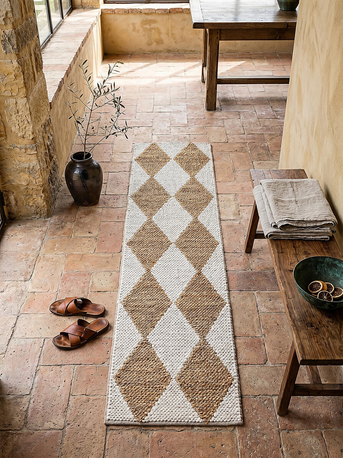 JUTETEPPICH BAIN, mit Rautenmuster, Beige, 60 x 230 cm - Beige, Textil (60/230cm) - KADIMA DESIGN