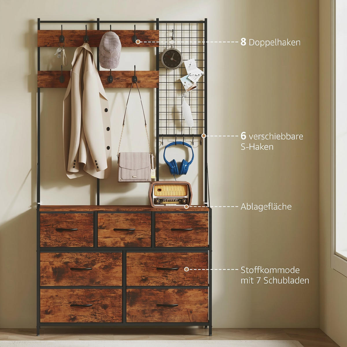 GARDEROBENSTÄNDER Spanplatte, Stahl Rustikal-Braun - Schwarz/Braun, Holzwerkstoff/Textil (30/183/100cm) - HOMCOM