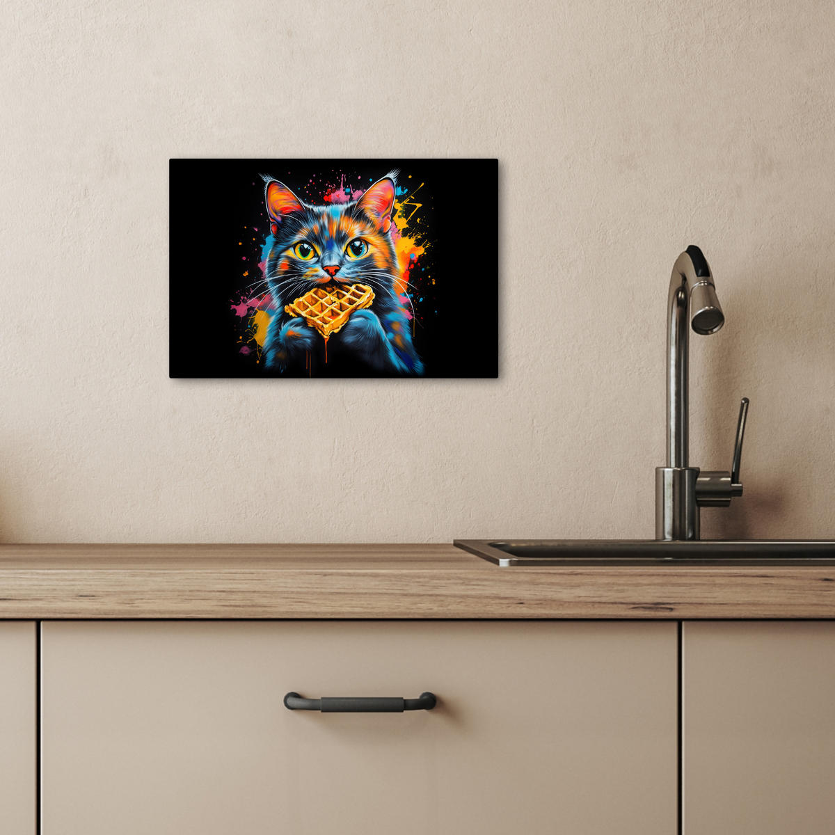 LEINWANDBILD Katze - Graffiti - Bunt - Waffel - Essen 30x20 cm - Türkis, Textil (30/20cm) - MuchoWow