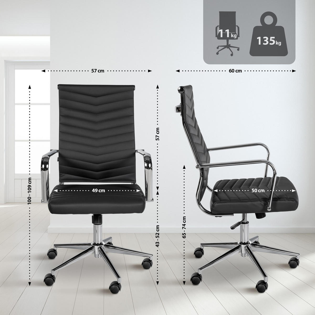 BÜROSTUHL Zynor Kunstleder schwarz - Chromfarben/Schwarz, Metall (57/109/60cm) - TPFLiving