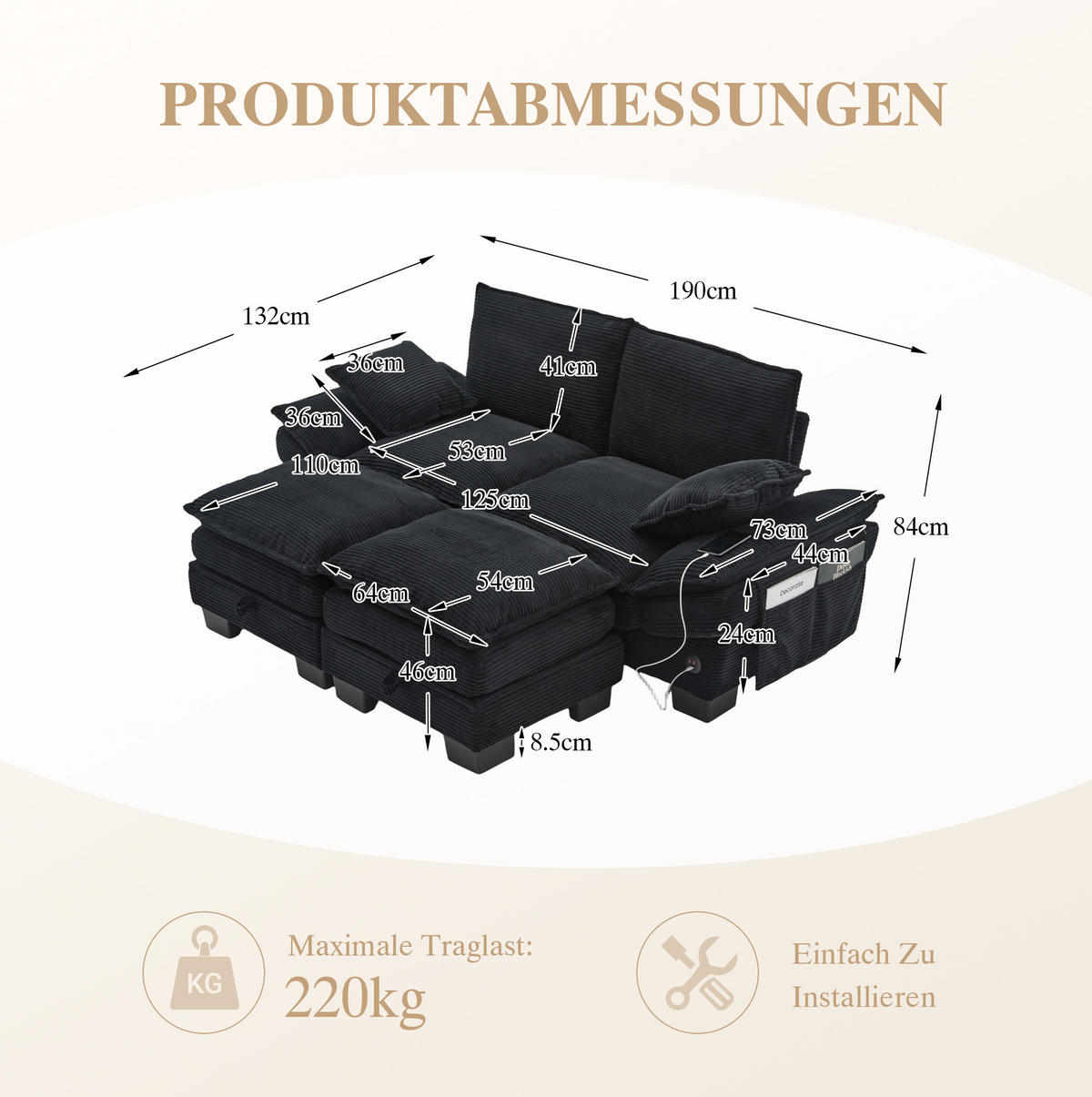 SOFA modular 190 x 132 cm Cord Black 3-tlg. - Schwarz, Kunststoff (132/84/190.1cm) - Meubliv