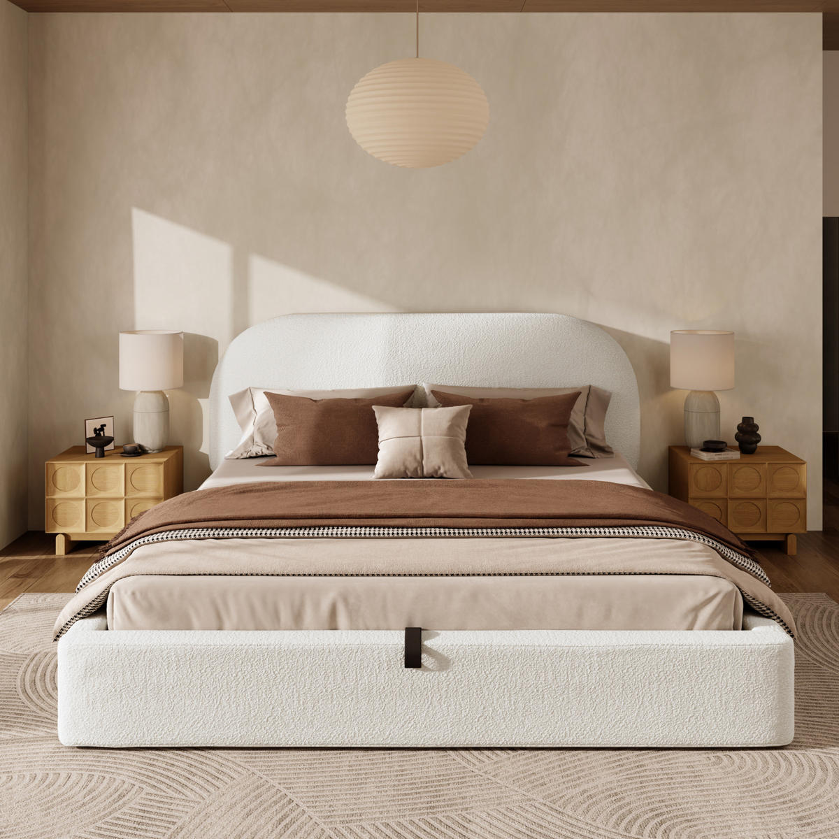 BETT mit Stauraum und Lattenrost 180 x 200 cm Bouclé Beige - Beige, Metall (180/200cm) - Meubliv