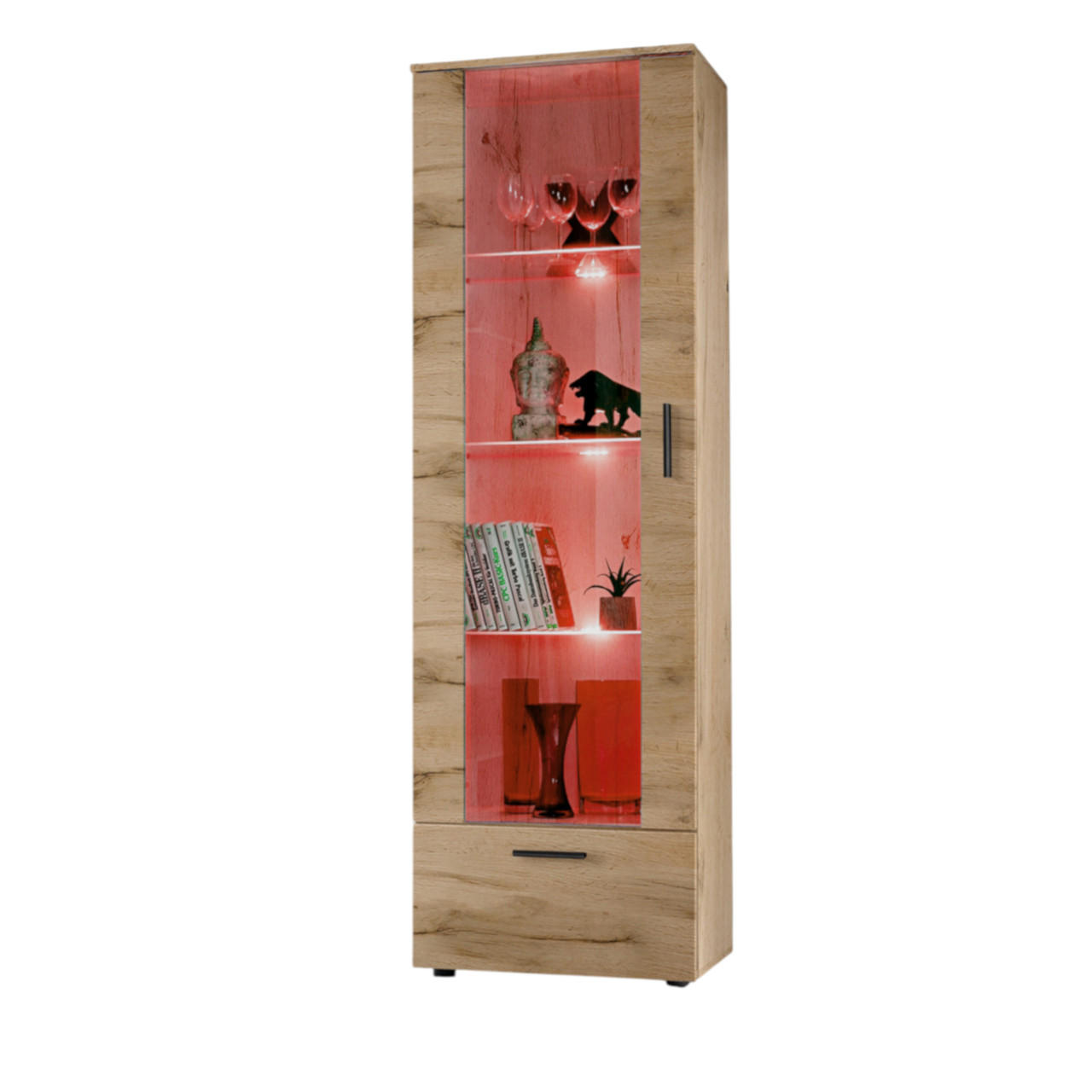 VITRINE ALESSANDRIA, Wotan, LED Mehrfarbige - Eiche Wotan/Schwarz, Glas/Holzwerkstoff (60/192/42cm) - Komodee