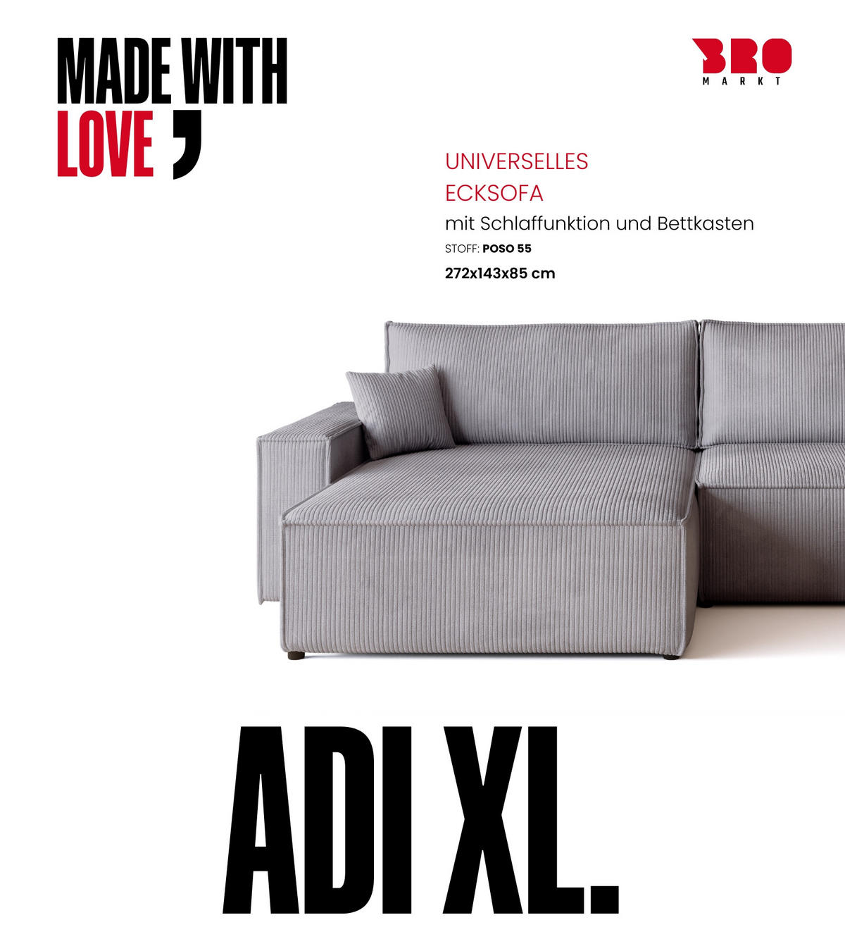 ECKSOFA ADI XL mit Schlaffunktion Hellgrau Cord - Hellgrau, Textil (272/143cm) - Bromarkt