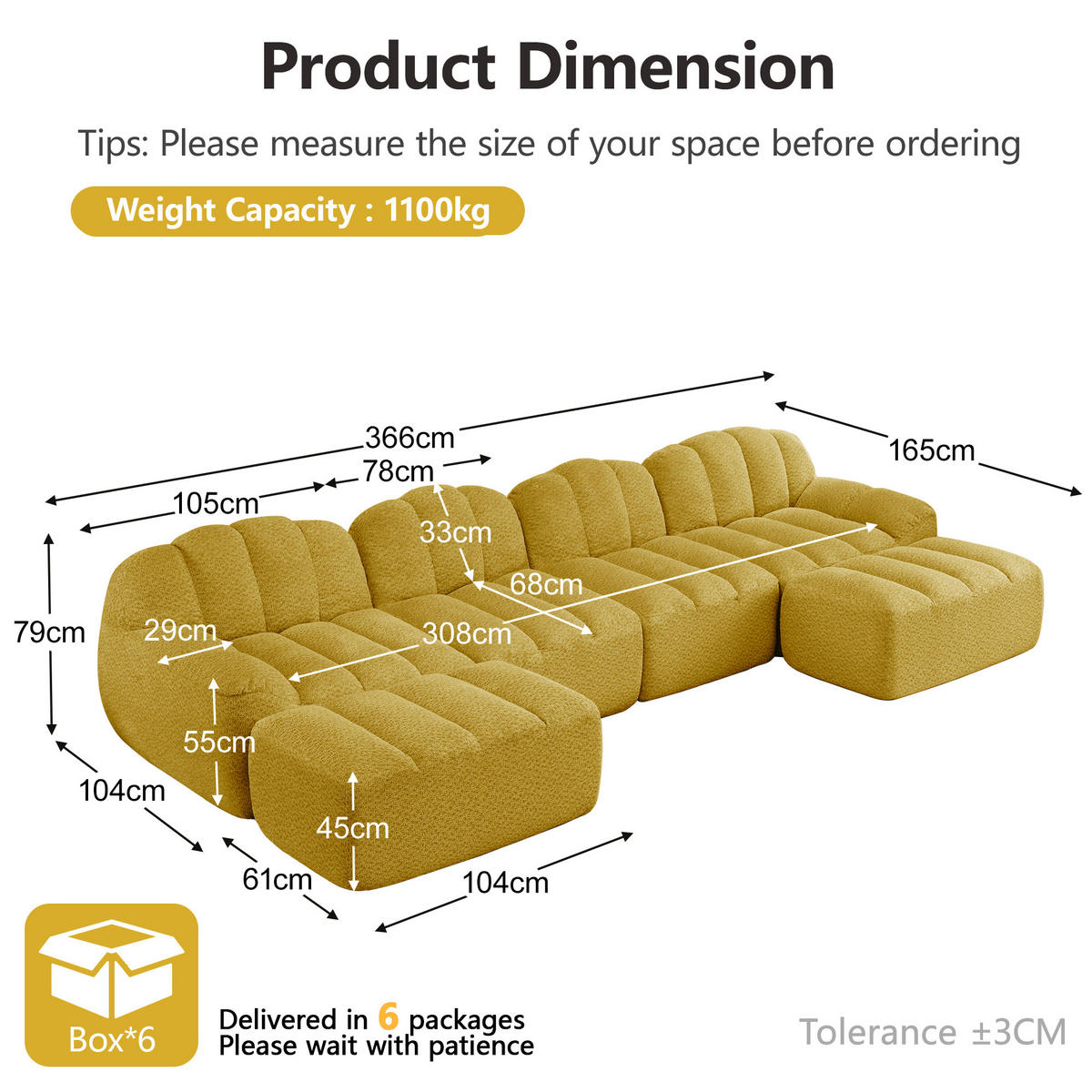 SOFA modulares Ecksofa U-Form 4-Sitzer Gelb - Gelb, Kunststoff (165/79/366.1cm) - Meubliv