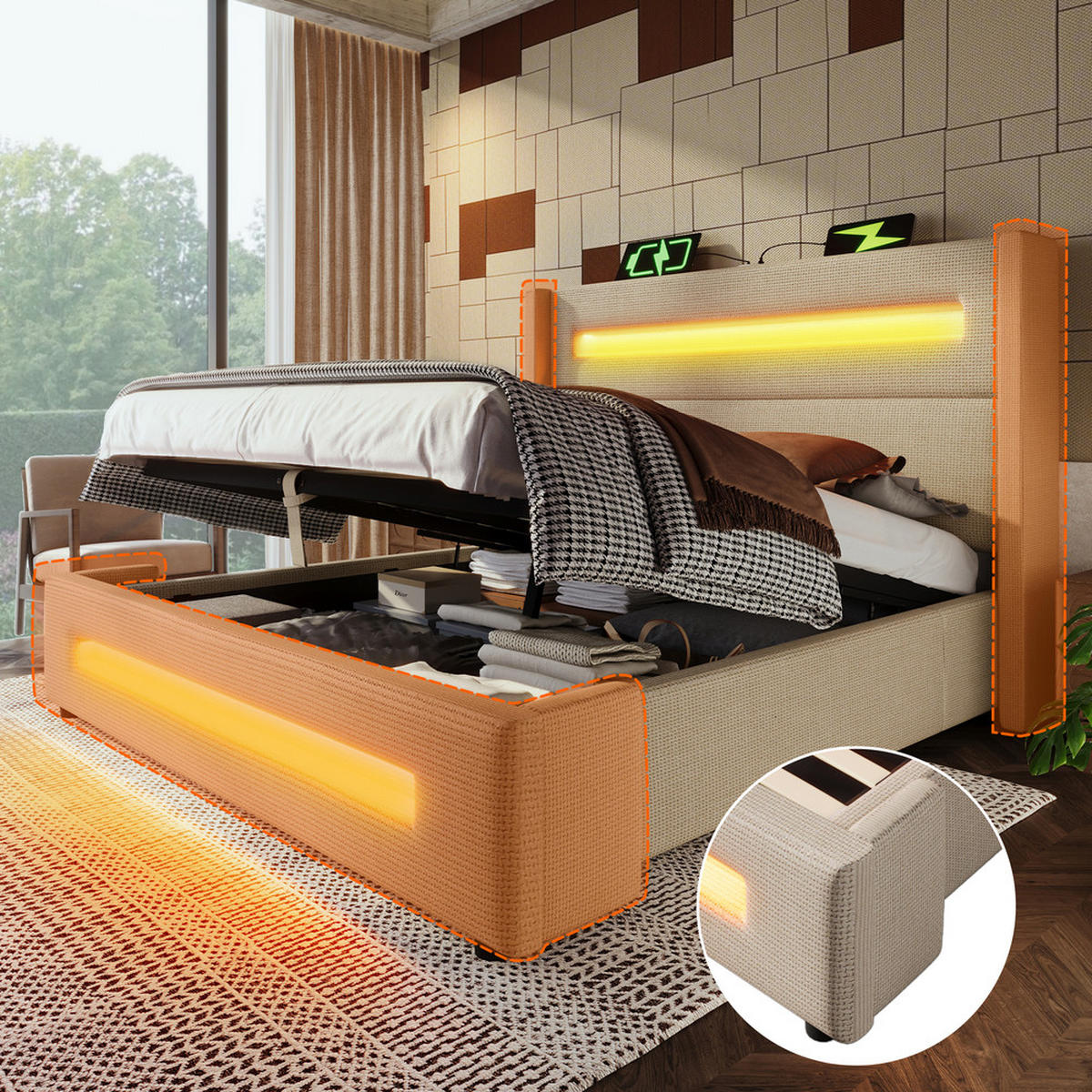 DOPPELBETT 160X200 cm mit LED USB Typ C - Beige, Holz (160/200cm) - FLIEKS