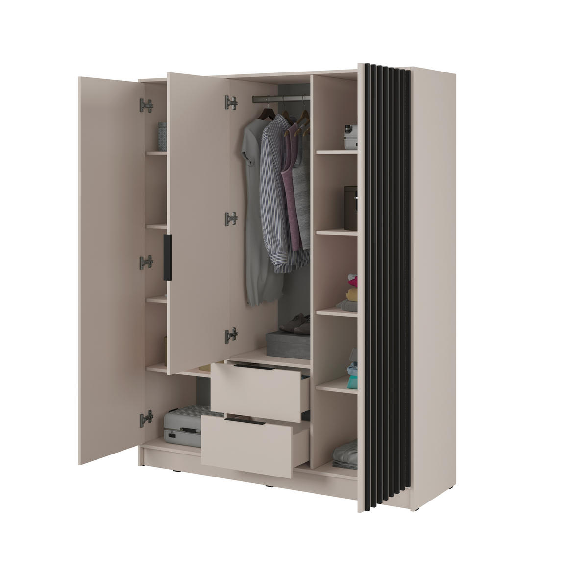 KLEIDERSCHRANK Stilo in Kaschmir, dreitürig, mit Spiegel und Lamellen an der Front - Kaschmir/Schwarz, Leder/Holzwerkstoff (155/200/51cm) - Ravio