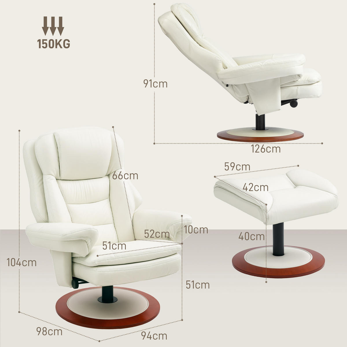 RELAXSESSEL mit Hocker, Liegesessel bis 150 kg, Cremeweiß - Beige, Leder (98/104/94cm) - HOMCOM