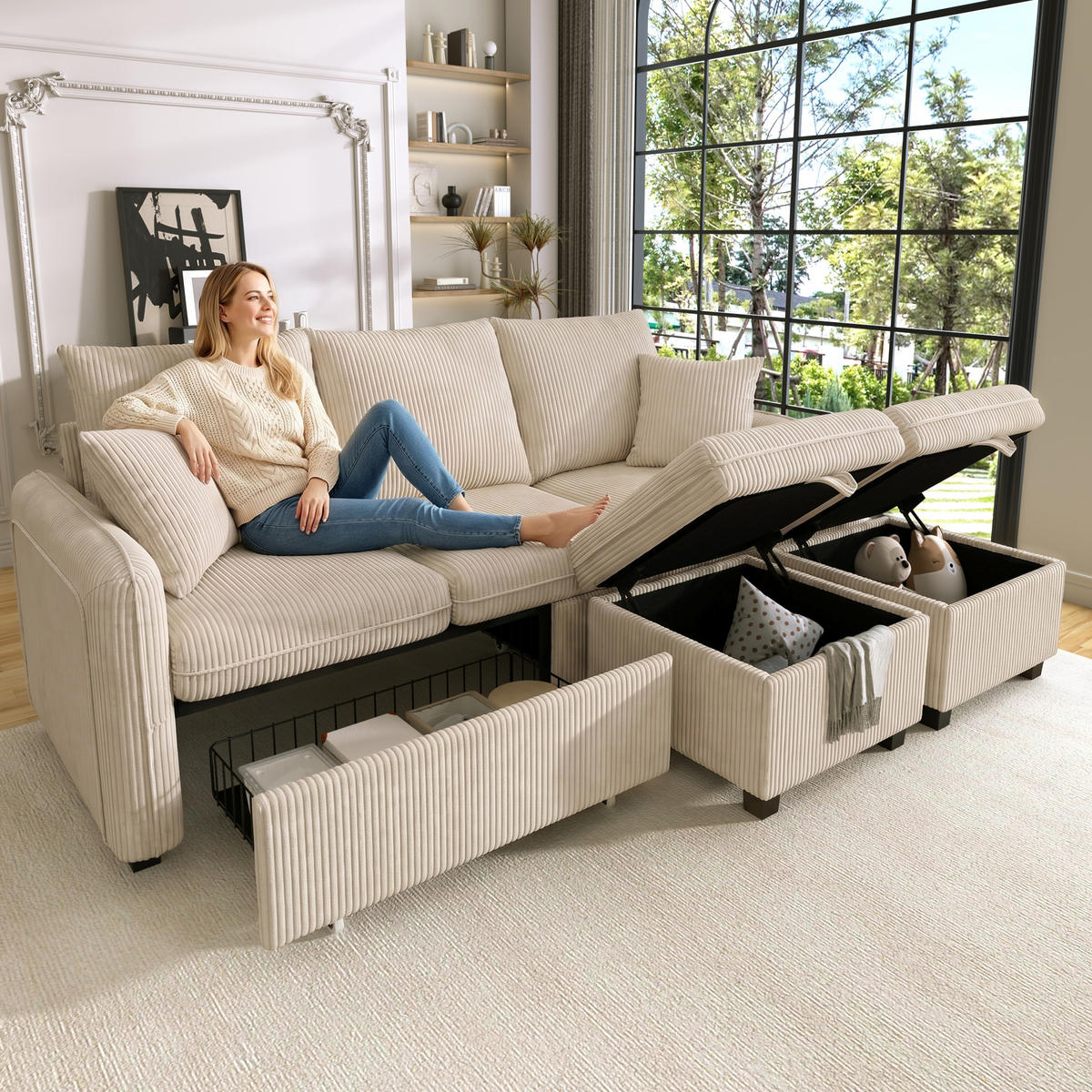 WOHNLANDSCHAFT 5-Sitzer Cord Beige mit Schlaffunktion, Stauraum und mit Hocker - Beige, Holzwerkstoff/Kunststoff (188/86/82cm) - WISHDOR