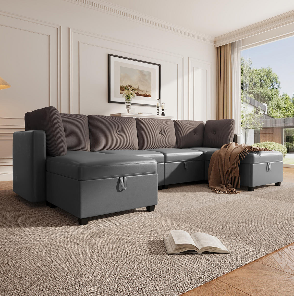 ECKSOFA aus Samt & Cord 261x132,5 cm in Antique Grey mit Stauraum - Grau, Textil (132.5/261cm) - Modfu