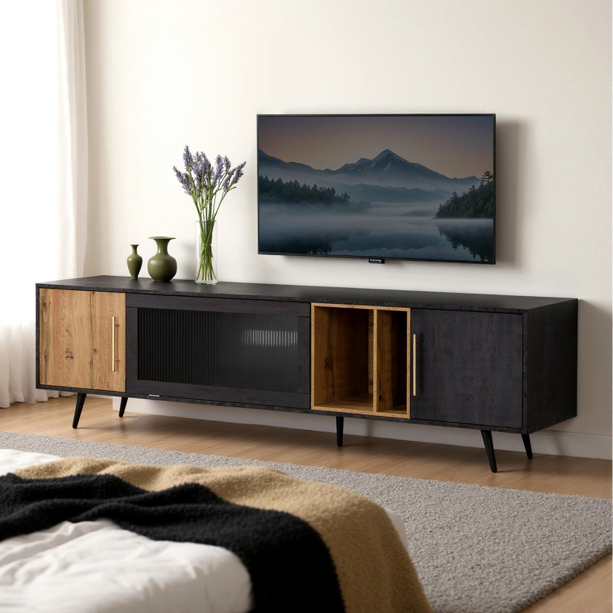TV-MÖBEL Schwarz und Grau 200/40/55,5 cm - Schwarz, Holz (40/55.5/200cm) - Urban Meuble