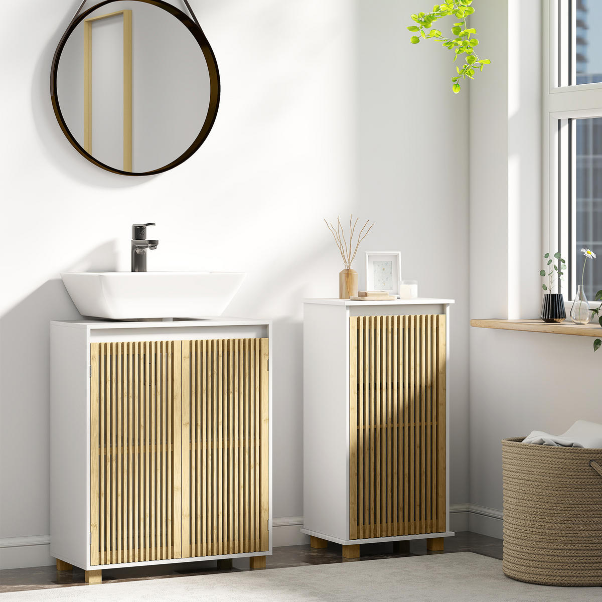 BADEZIMMERSCHRANK Weiß und Natur 40/30/80 cm mit Wäschesammler - Weiß, Holzwerkstoff (40/80/30cm) - PANGIVO