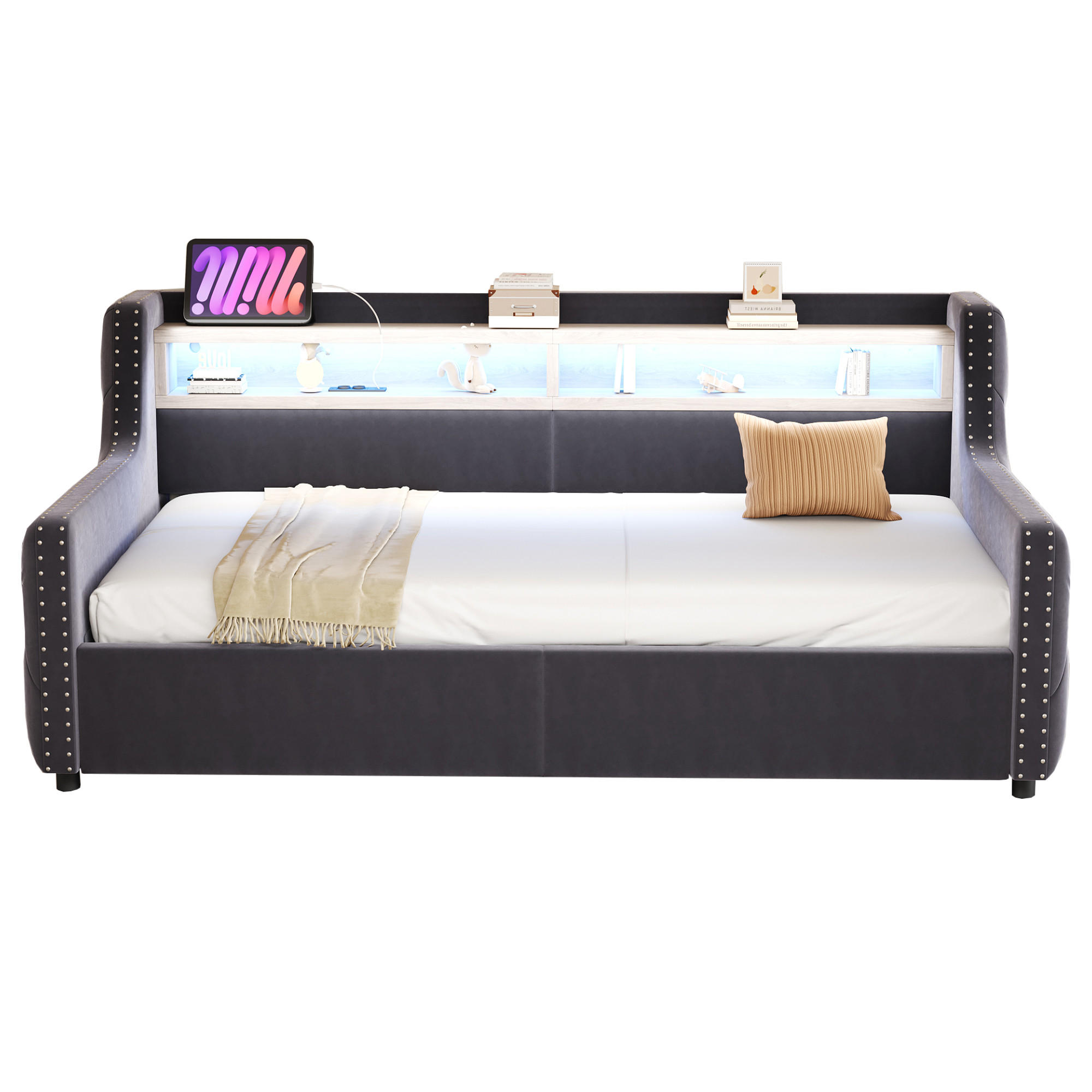 SCHLAFSOFA 90/200 cm in Dunkelgrau Samt mit Bettkasten, LED und USB - Dunkelgrau, Holzwerkstoff/Textil (90/200cm) - WISHDOR