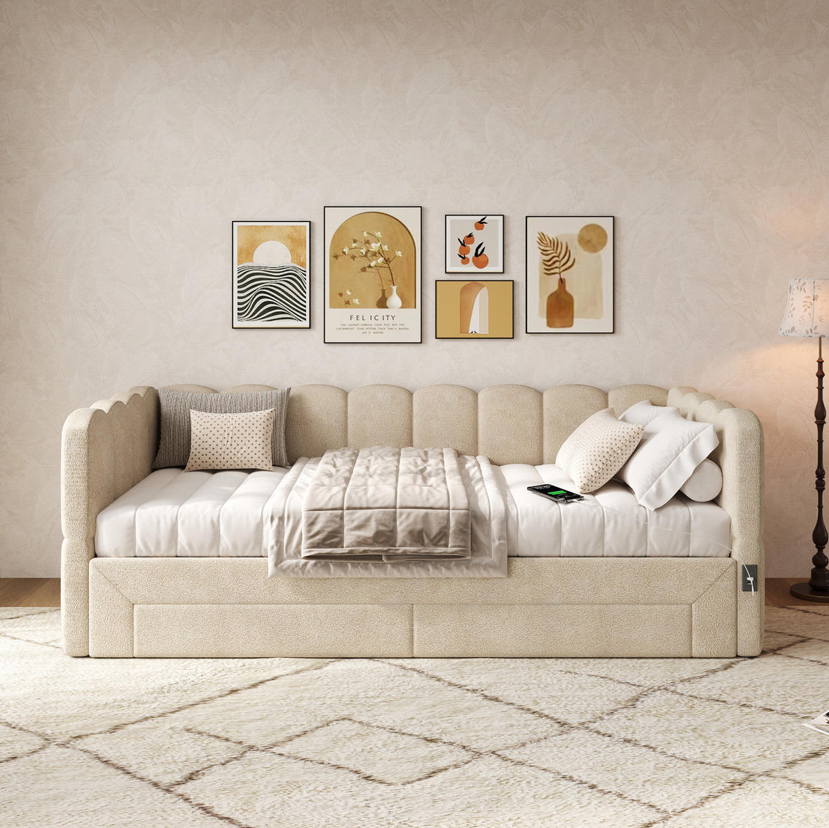 TAPECIRANI krevet na izvlačenje od šenila 210x100x73 cm bež s 2 ladice, USB i Type-C priključkom - bež, tekstil (90/190cm) - Modfu