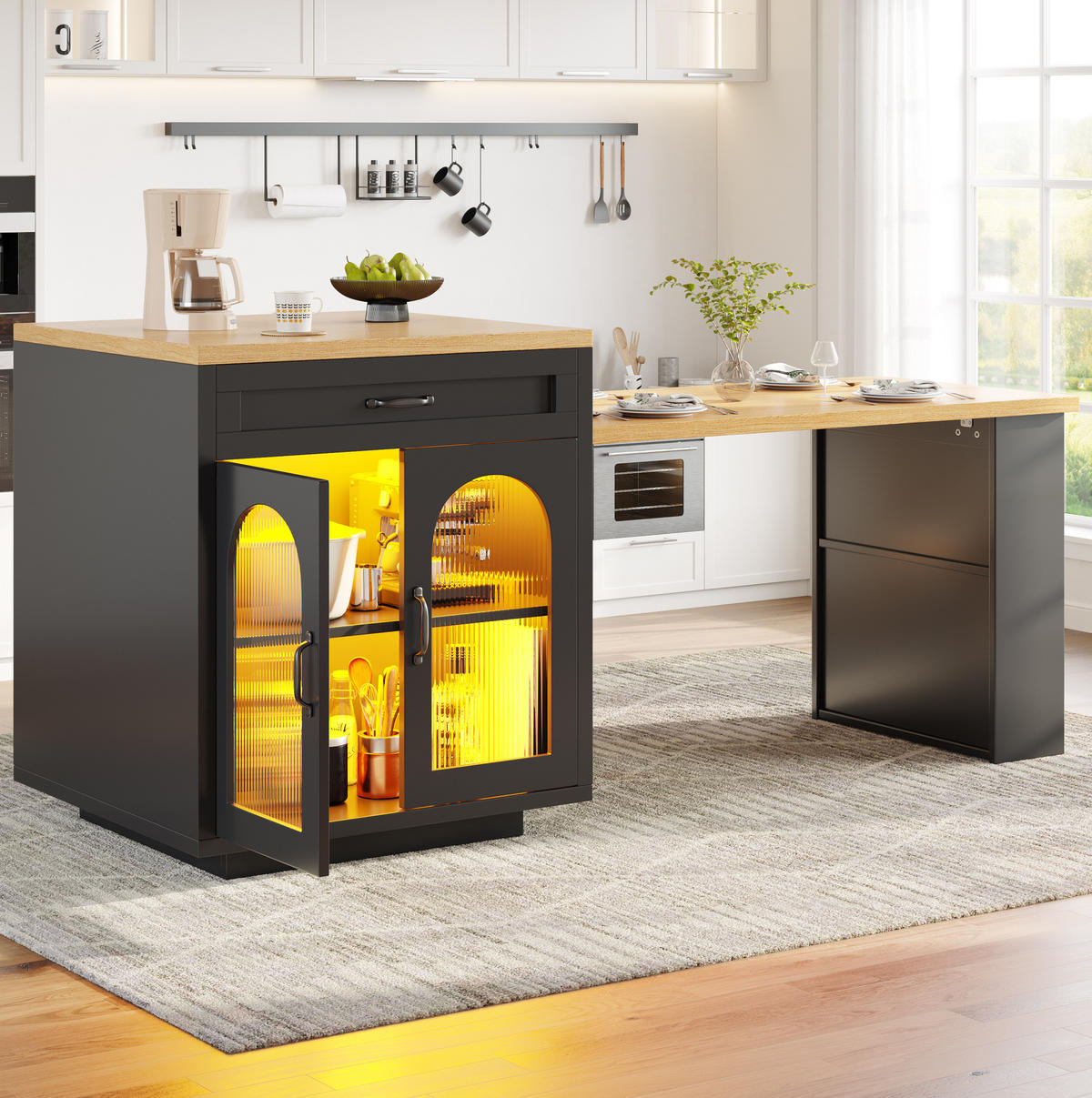 BUFFET 126-196/59/94 cm aus MDF mit RGB-LED-Beleuchtung und ausziehbarer Tischplatte Schwarz - Schwarz, Holzwerkstoff (196/94/59cm) - Modenvie