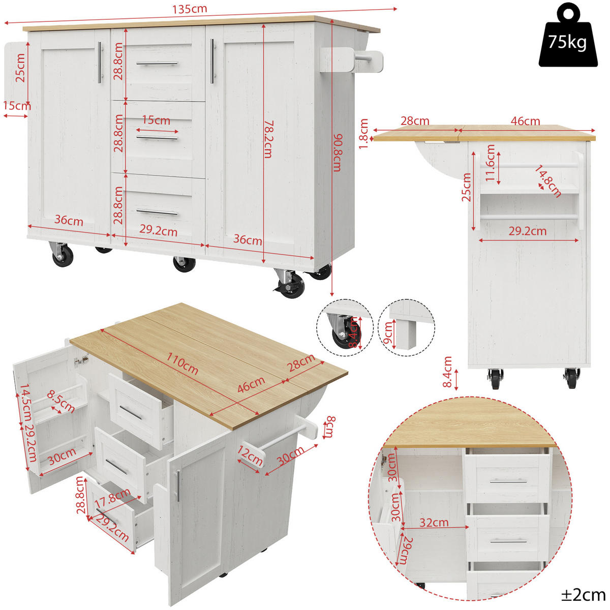 KÜCHENWAGEN 135x74x87.2cm Weiß mit Klappseiten, 3 Schubladen, Snackregal & 5 Rollen - Weiß, Holzwerkstoff (135/87.2/74cm) - Modfu