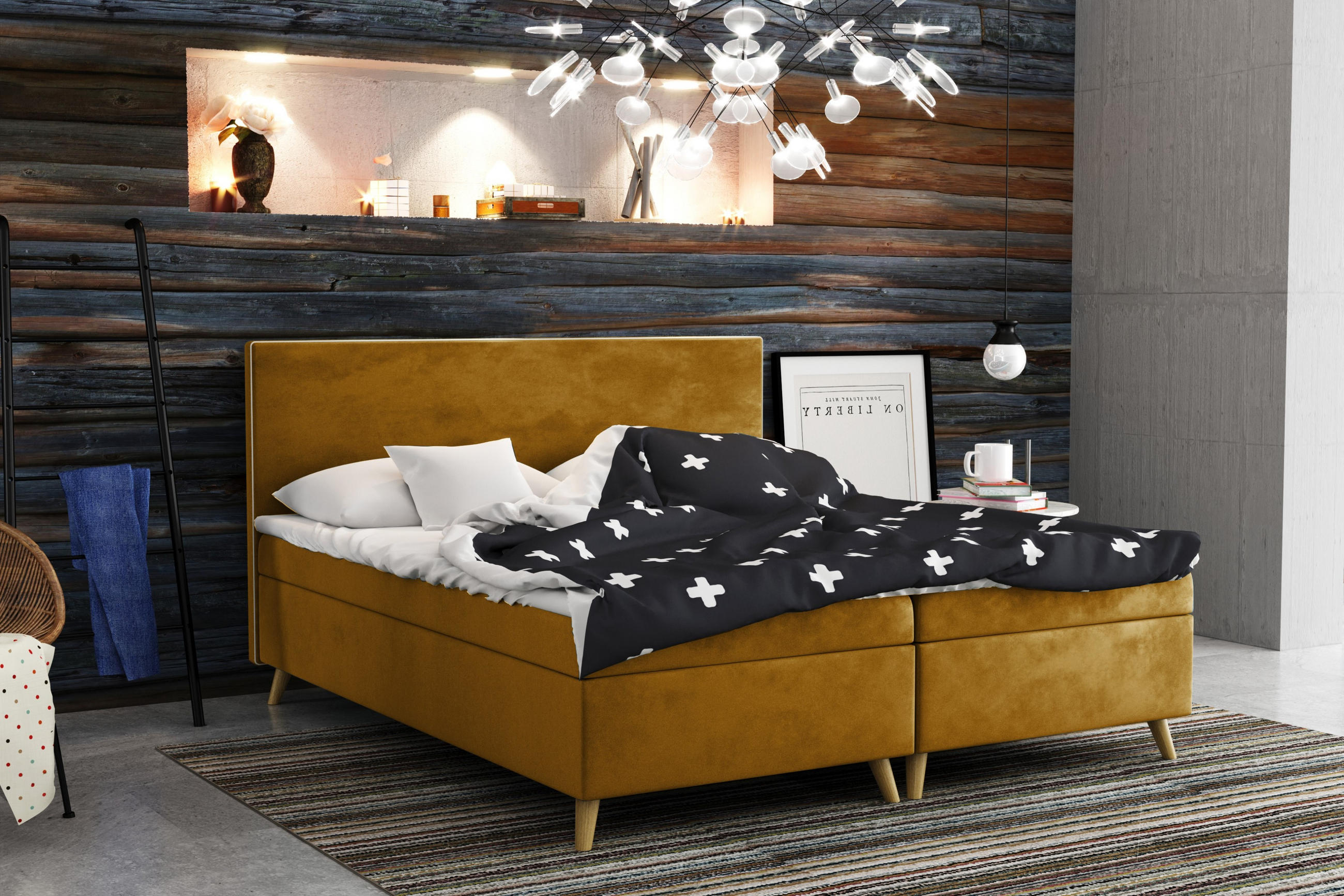 BOXBETT Mit Bettkasten Matratze + Topper BELLA Stoff Riviera Gelb 160x200 cm H3-Bonell - Gelb, Holz (160/200cm) - Kaiser Möbel