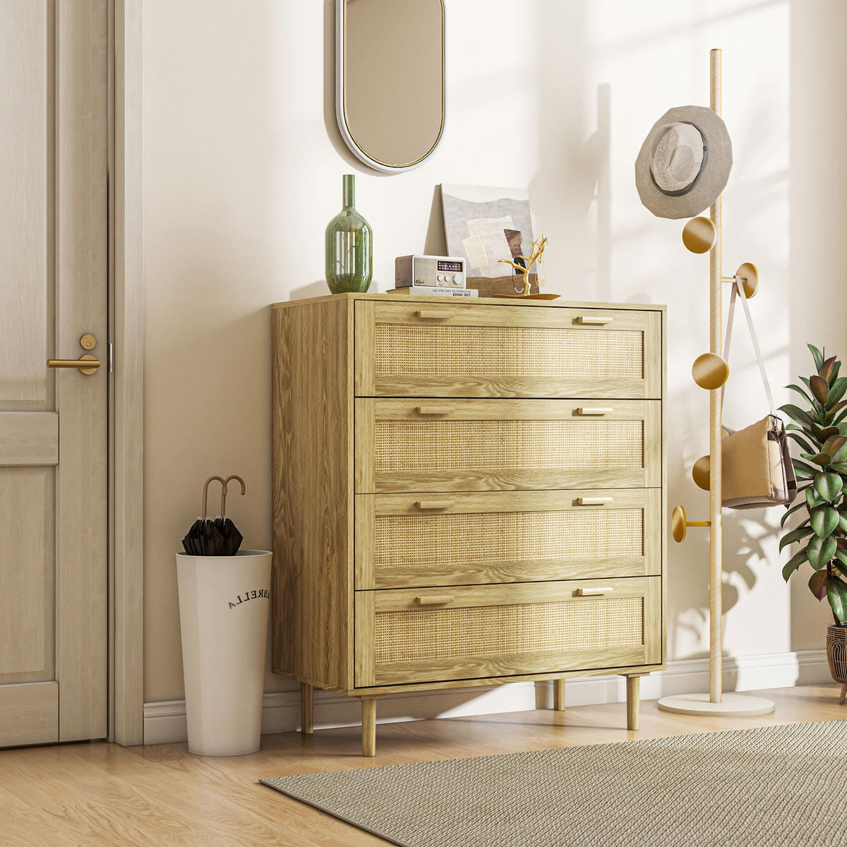 KOMOODE DE-12836 4 Schubladen mit Rattan Hellholz - Naturfarben, Holzwerkstoff (90/108.5/45cm) - ComfortXL