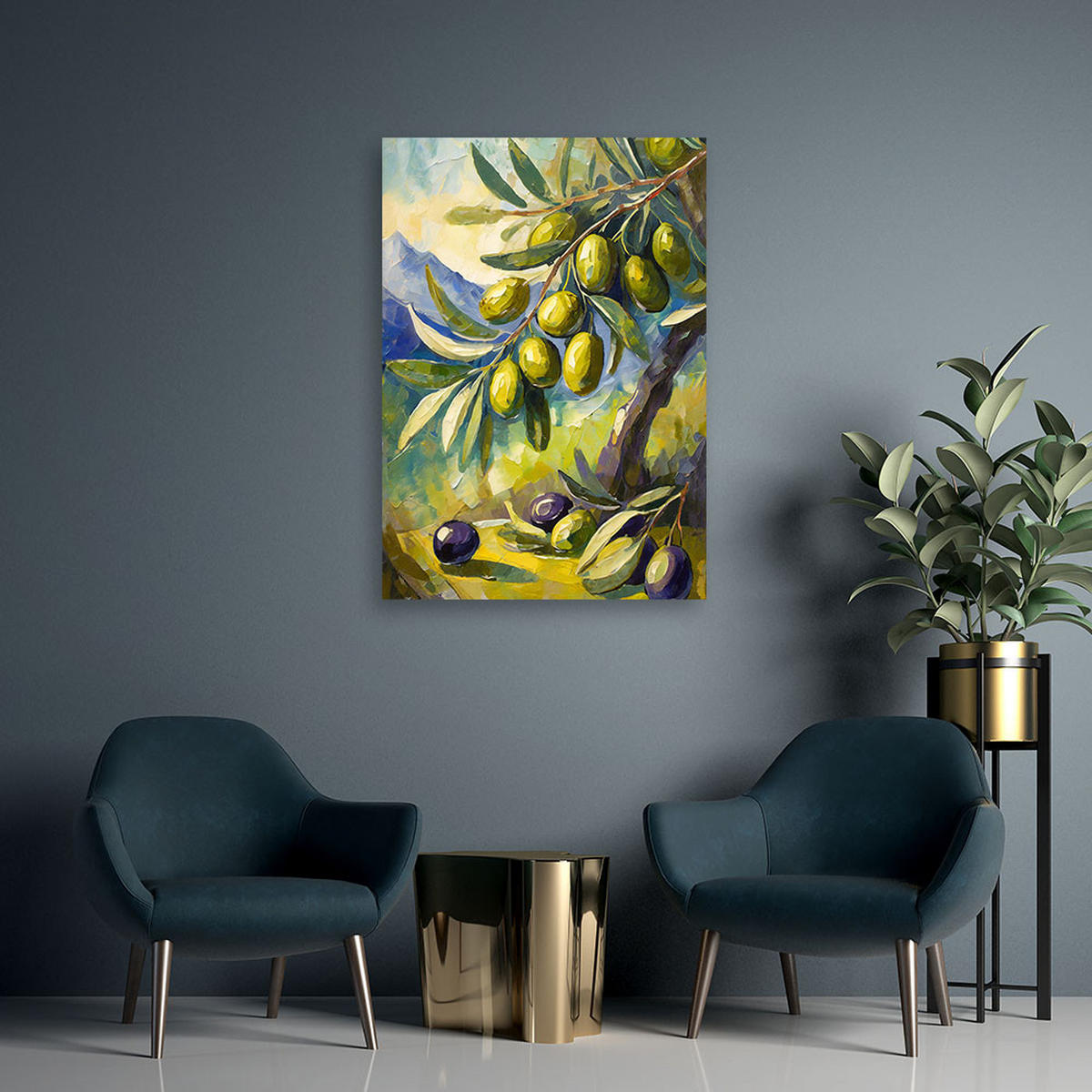 LEINWANDBILD Oliven auf einem Baum gemalt - Grün, Textil (60/90cm) - Feeby