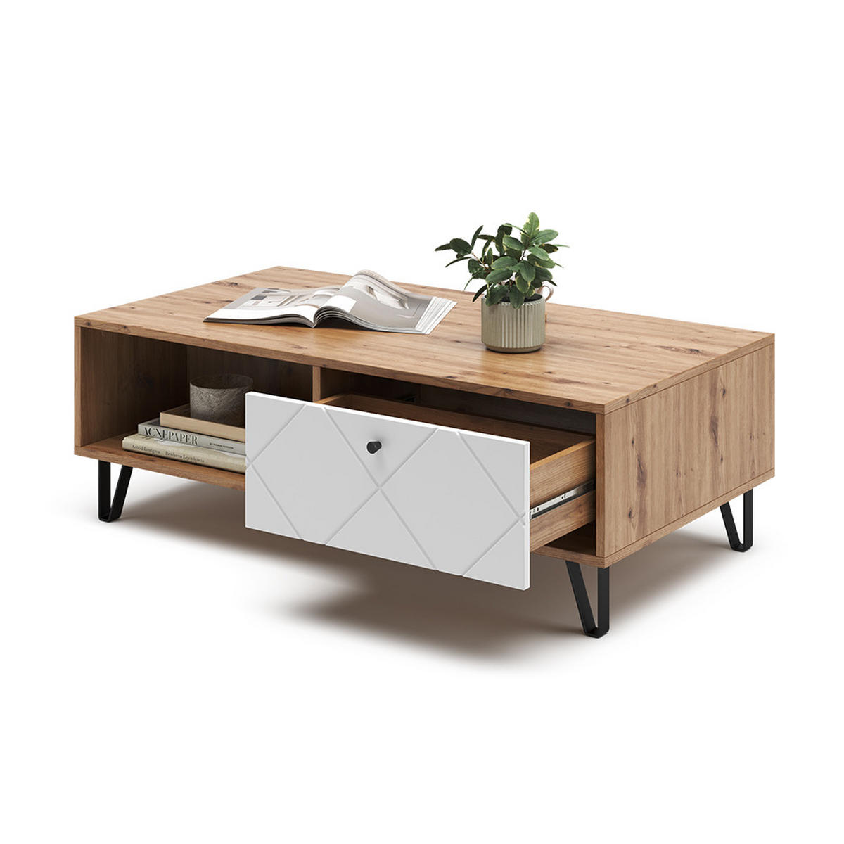 COUCHTISCH Nizza Artisan-Eiche 110 x 60 cm - Eiche Artisan/Weiß, Holzwerkstoff (60/110/37cm) - Vicco