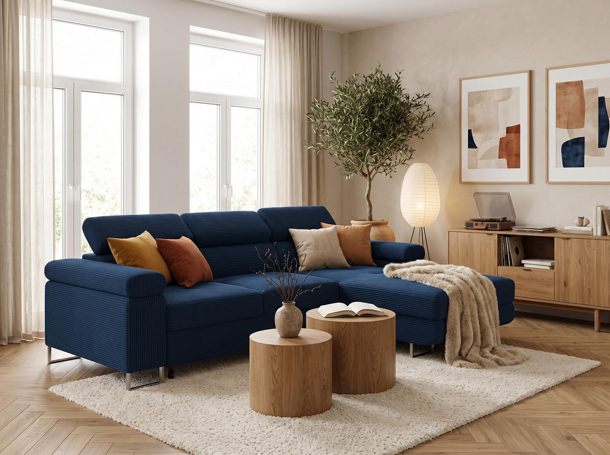 ECKSOFA VEMO MINI Rechts Blau Cord-Stoff Kompakter Komfort für Wohnräume - Blau, Textil (175/235cm) - Barchello