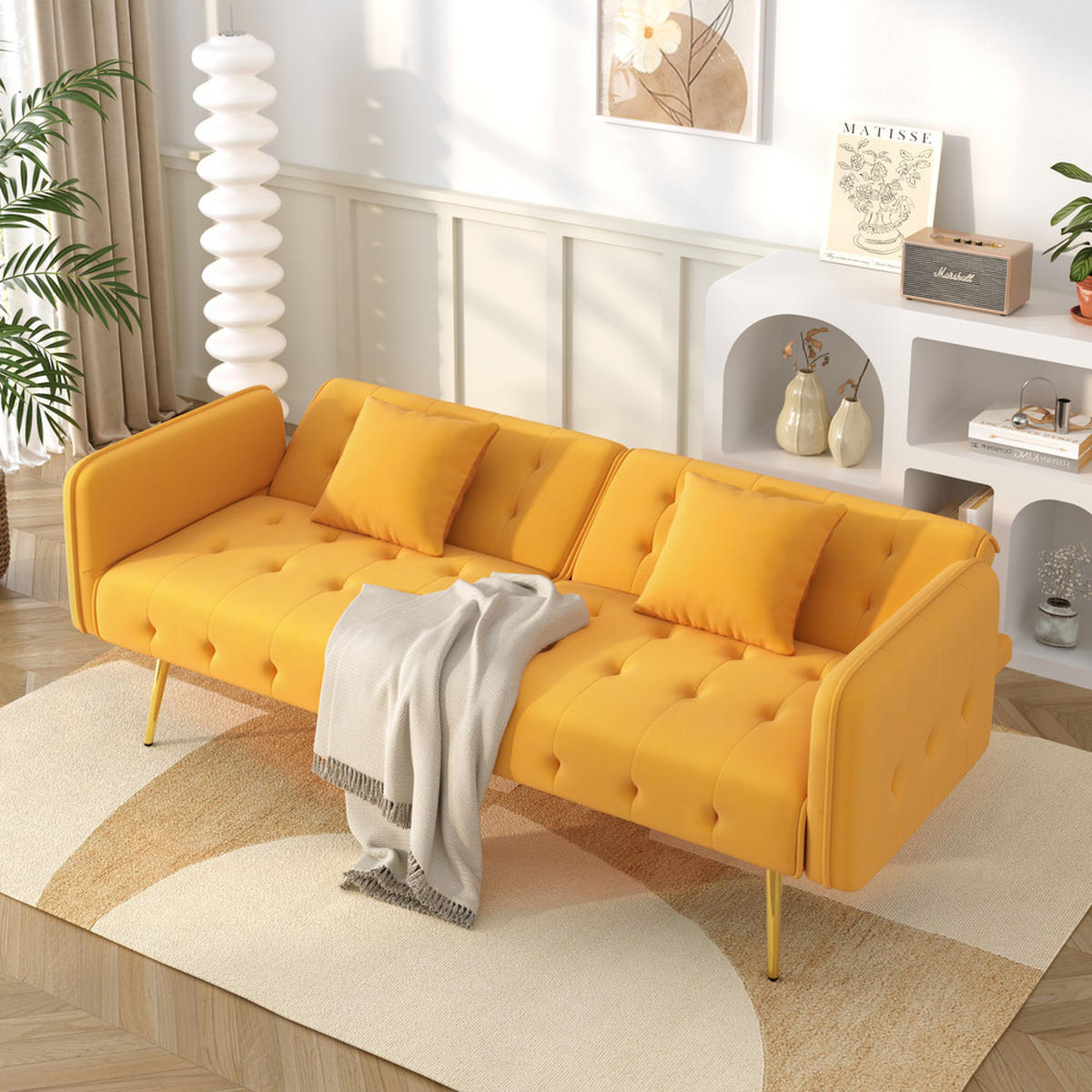 SOFA Zweisitzer Sofabett Verstellbare Lehne Velours Großzügiger Schlafbereich - Gelb, Holz (89.92/18.03/80.52cm) - FLIEKS