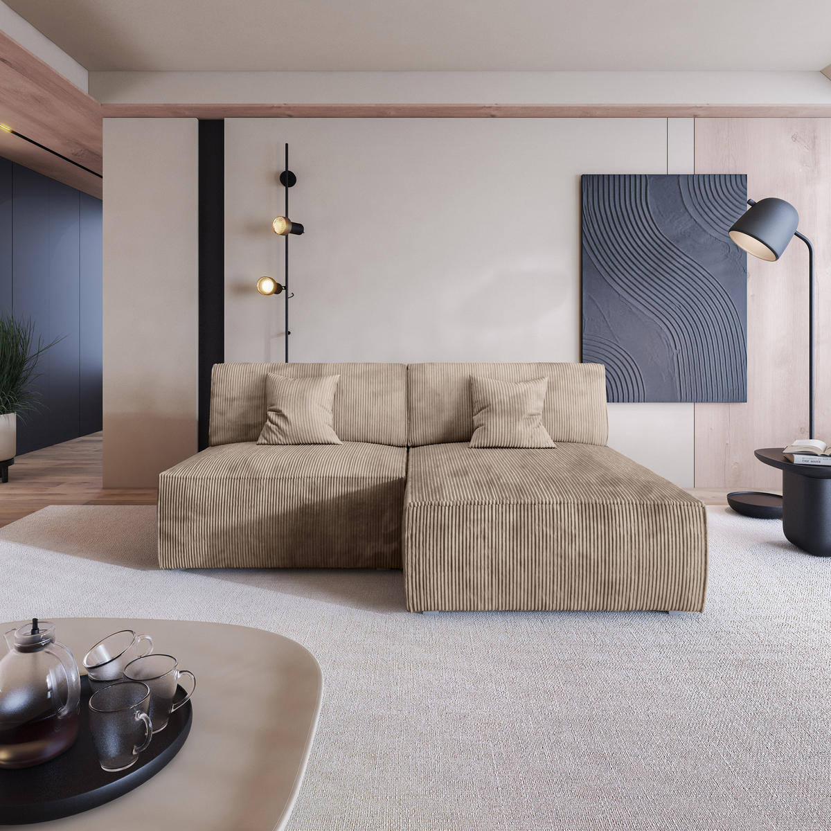 ECKSOFA FIORO P Beige Kordstoff mit Schlaffunktion - Beige/Grau, Holz/Kunststoff (204/148cm) - MASSENO