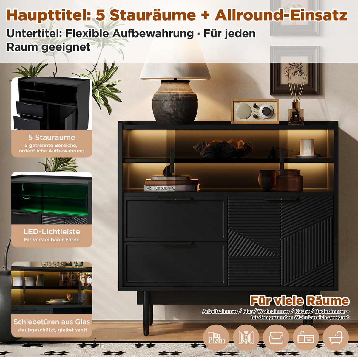 SIDEBOARD 80/35/80 cm mit Glasschiebetür, einstellbarer 16-Farben LED-Leiste, MDF, Schwarz - Schwarz, Holzwerkstoff (80/80/35cm) - Redom
