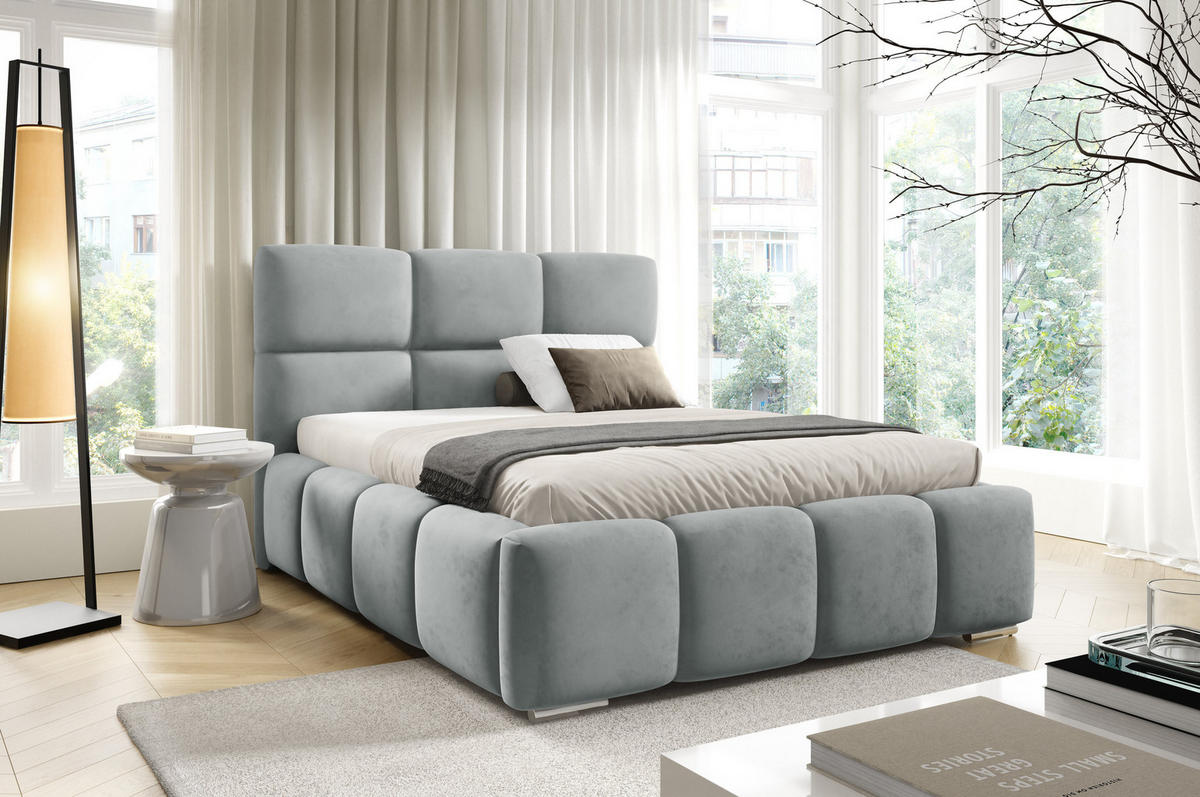 POLSTERBETT TRIO, 200x200 cm, Doppelbett mit Bettkasten, Velourstoff, Frabe: Grau - Grau, Holz/Kunststoff (200/200cm)