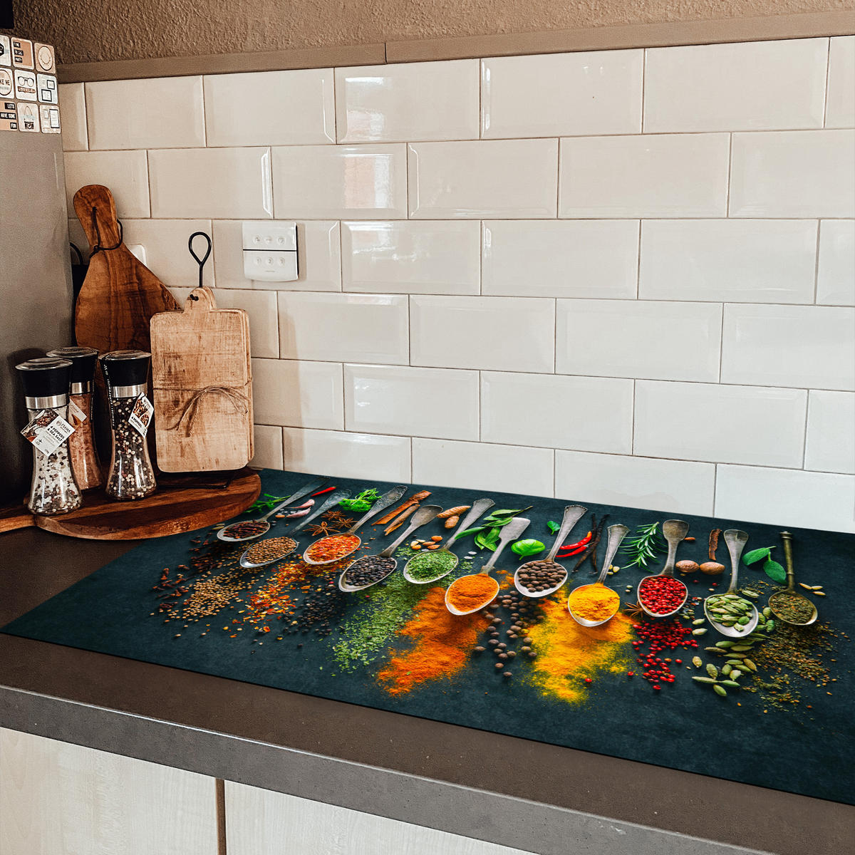 HERDABDECKPLATTE Kräuter - Gewürze - Löffel 89x51 cm - Multicolor, Kunststoff (89.6/0.2/51.6cm) - MuchoWow
